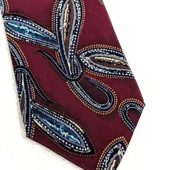 Men's Vintage 100% Italian Silk Tie - Burgandy Paisley Motif - Picture 8 of 11